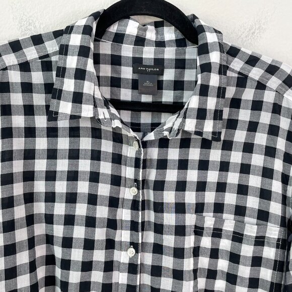 Ann Taylor Womens XL Check Print Button Up Blouse Long Sleeve Shirt Top - Picture 2 of 8